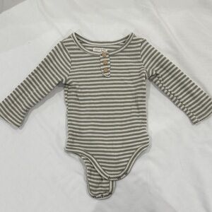 Striped Ribbed Long-Sleeve Baby One-Piece in Olive and White